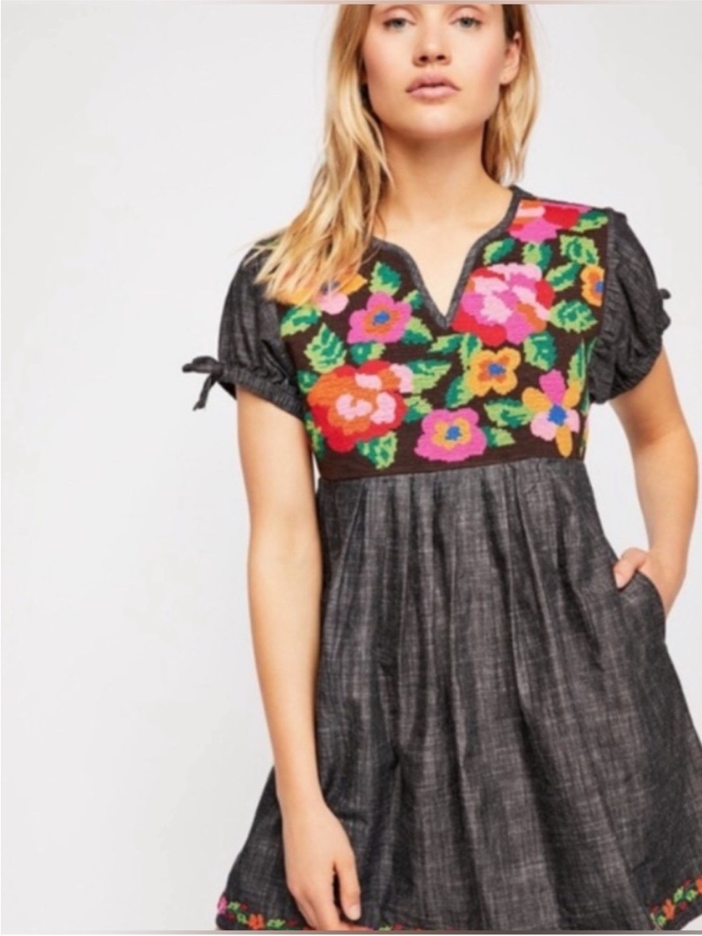 Free People Oaxaca Embroidered Cotton Festival Babydoll Dress W/ Pockets